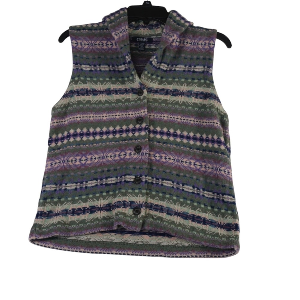 Chaps Sweater Vest Womens Medium Petite Multicolor Fair Isle Knit Button Front